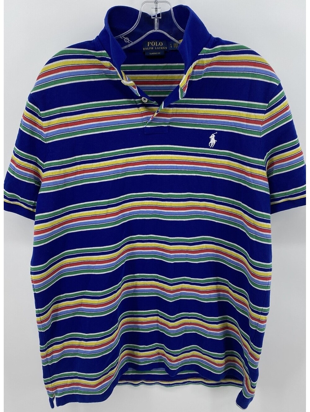 Polo Ralph Lauren Men L Classic Fit Multi Stripe Polo Shirt Blue Rainbow 90s
